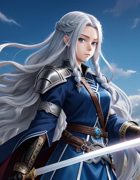 Anime Style Female Warrior with Silver Braid