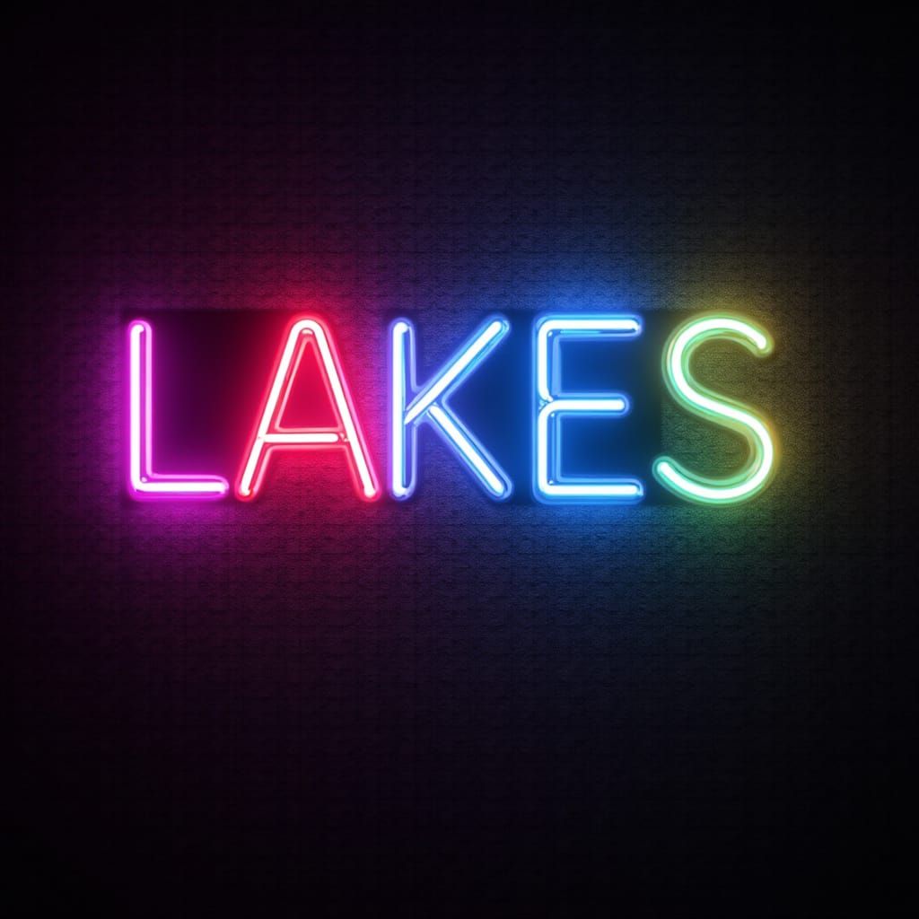 Vibrant Neon Sign Spelling LAKES in Rainbow Colors