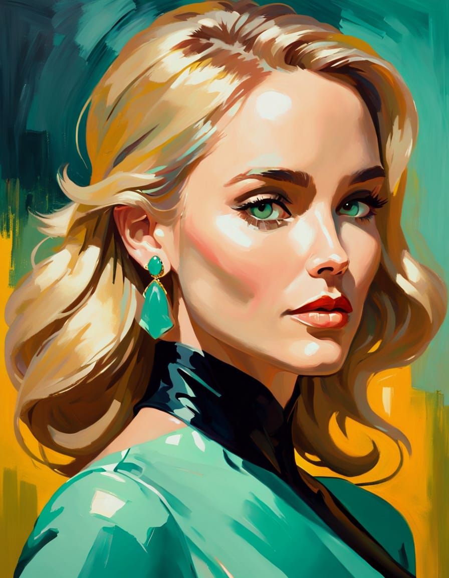 Woman in Green Dress: Abstract Pop Art Oil Painting