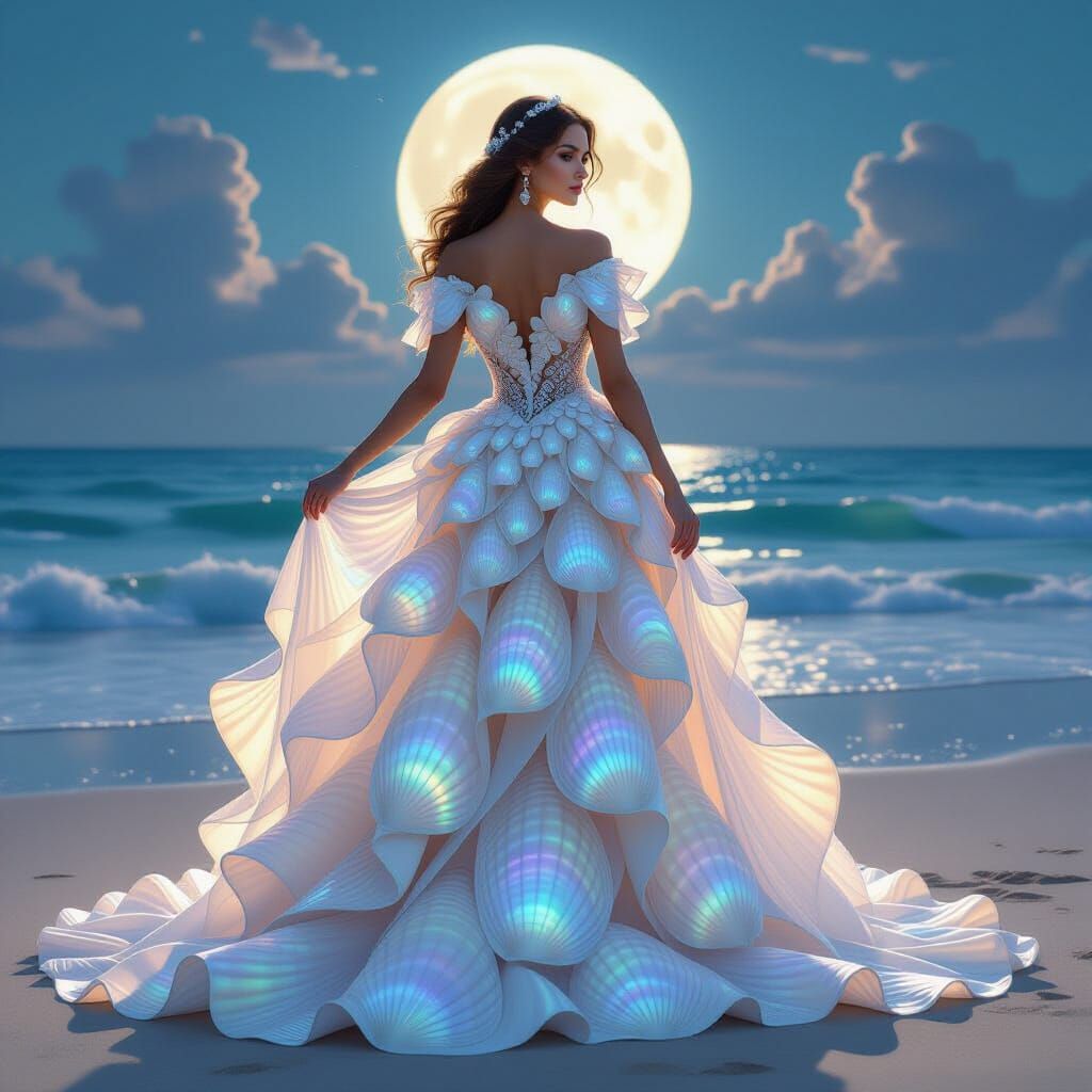Seashell Dress on Moonlit Beach, Art Nouveau Style
