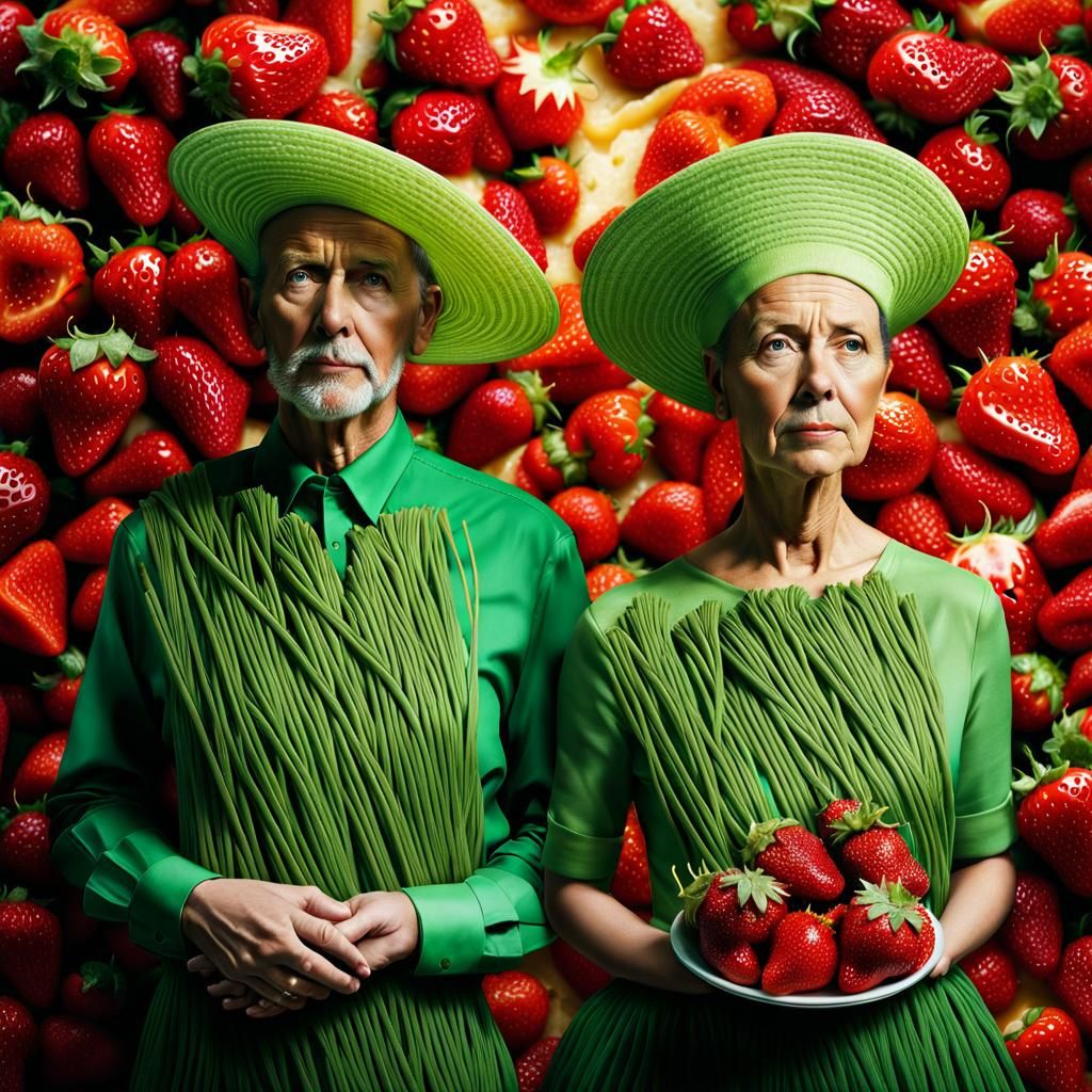 Surreal Couple Adorned in Food, Hyperrealistic Style
