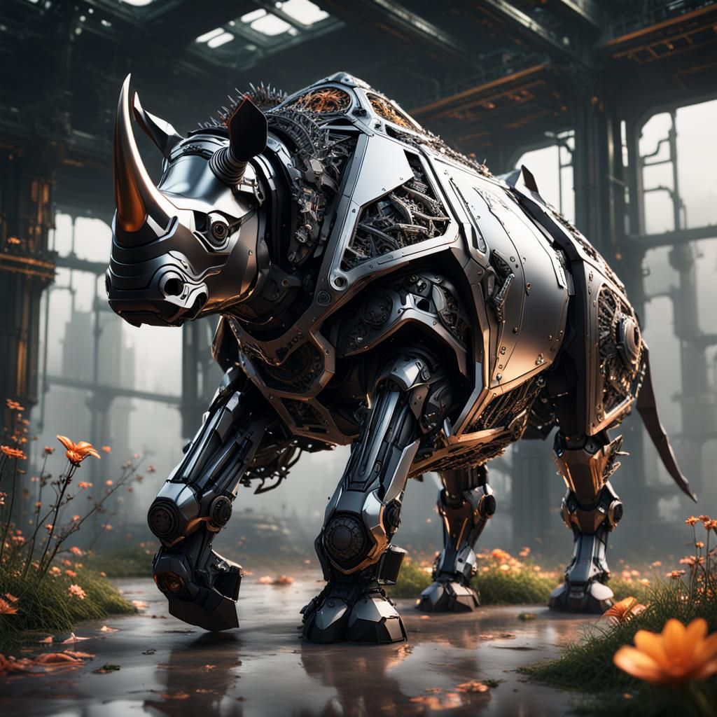 Futuristic Black Rhino with Flowers in Sci-Fi Style