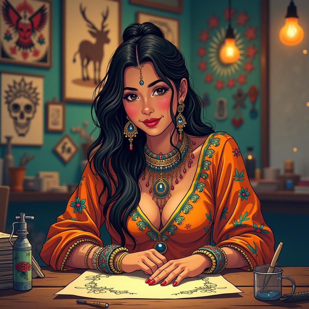 Indian Tattoo Artist in Anime-Manga Style Shop