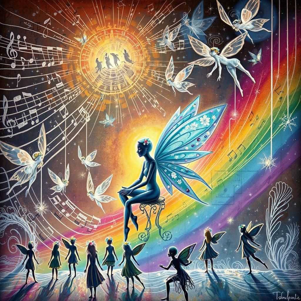 Fairies Drawn with Crayons on Musical Sheet Music
