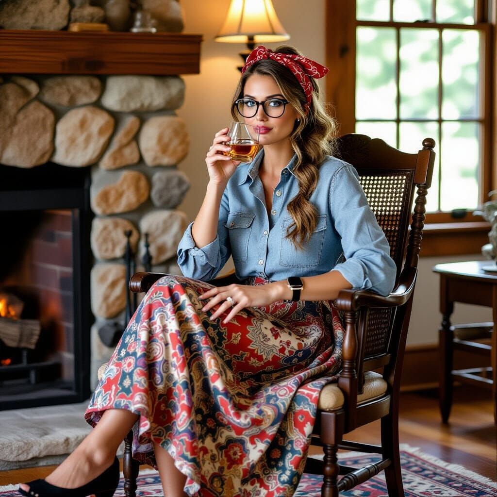 Drunk Woman Sitting in Rustic Room with Fireplace
