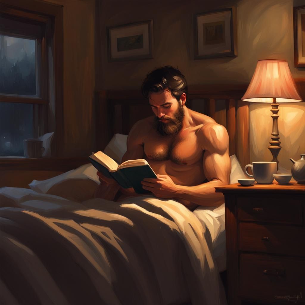 Bearded Man Reading in Bed: Realistic Digital Painting