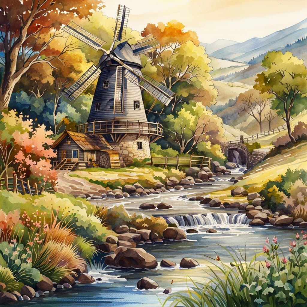 Watercolor and Ink Windmill by Creek in Valley