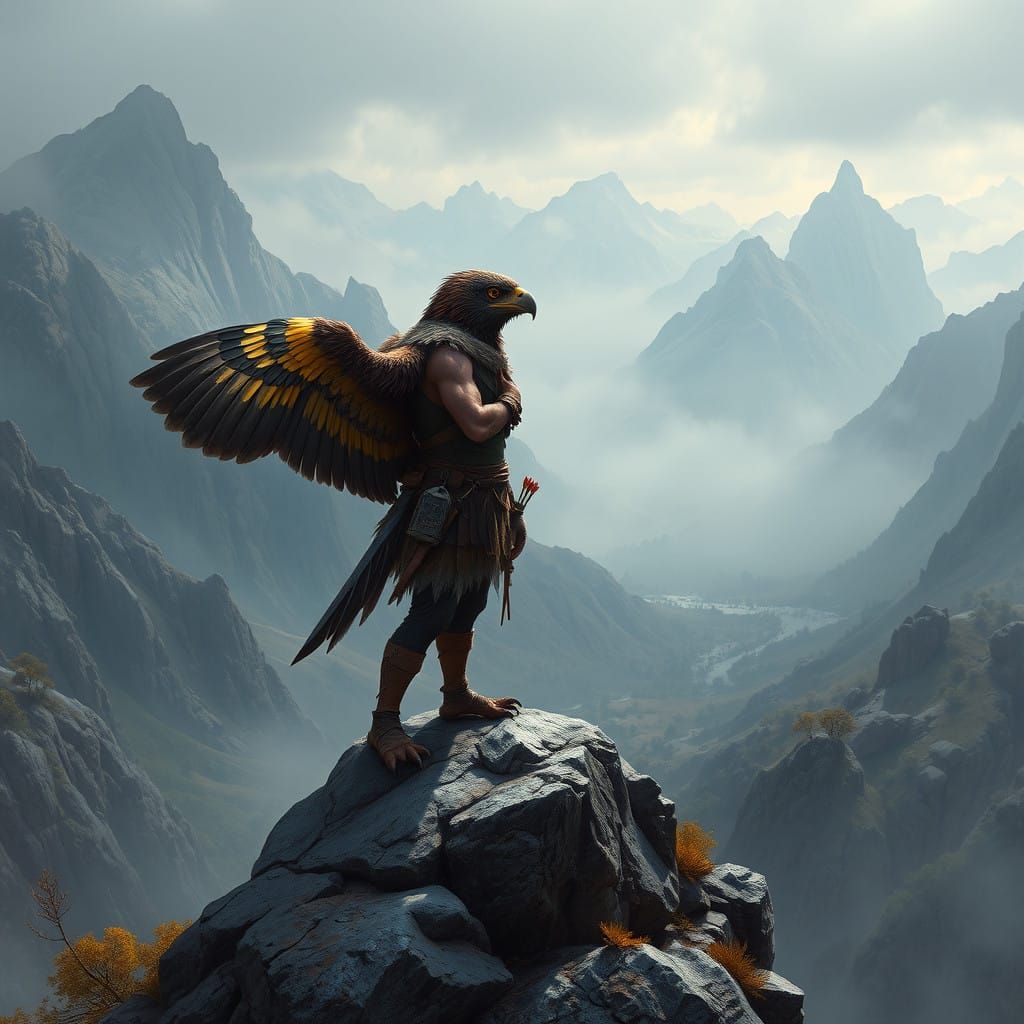 Fantasy Ranger in Misty Mountainscape with Wings Spread Wide