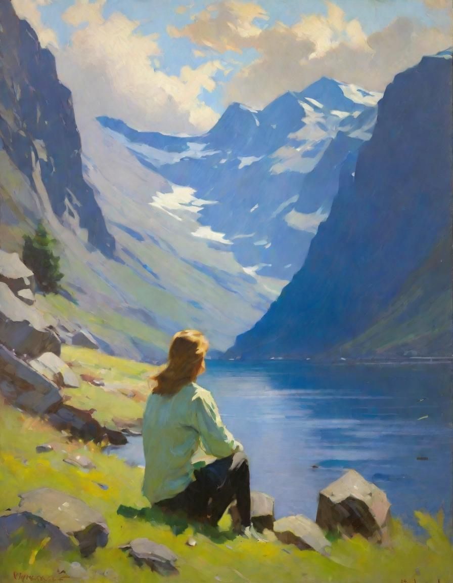 gouache painting sydney laurence
a distant girl sitting in grass on shore in a deep Norwegian fjord looking away at stee...