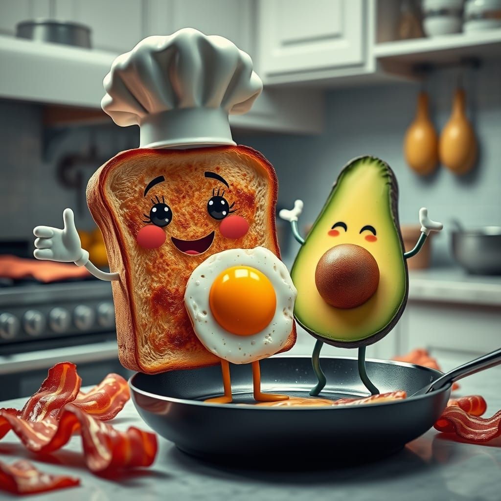 Hyperrealistic Kawaii Breakfast Food in Kitchen