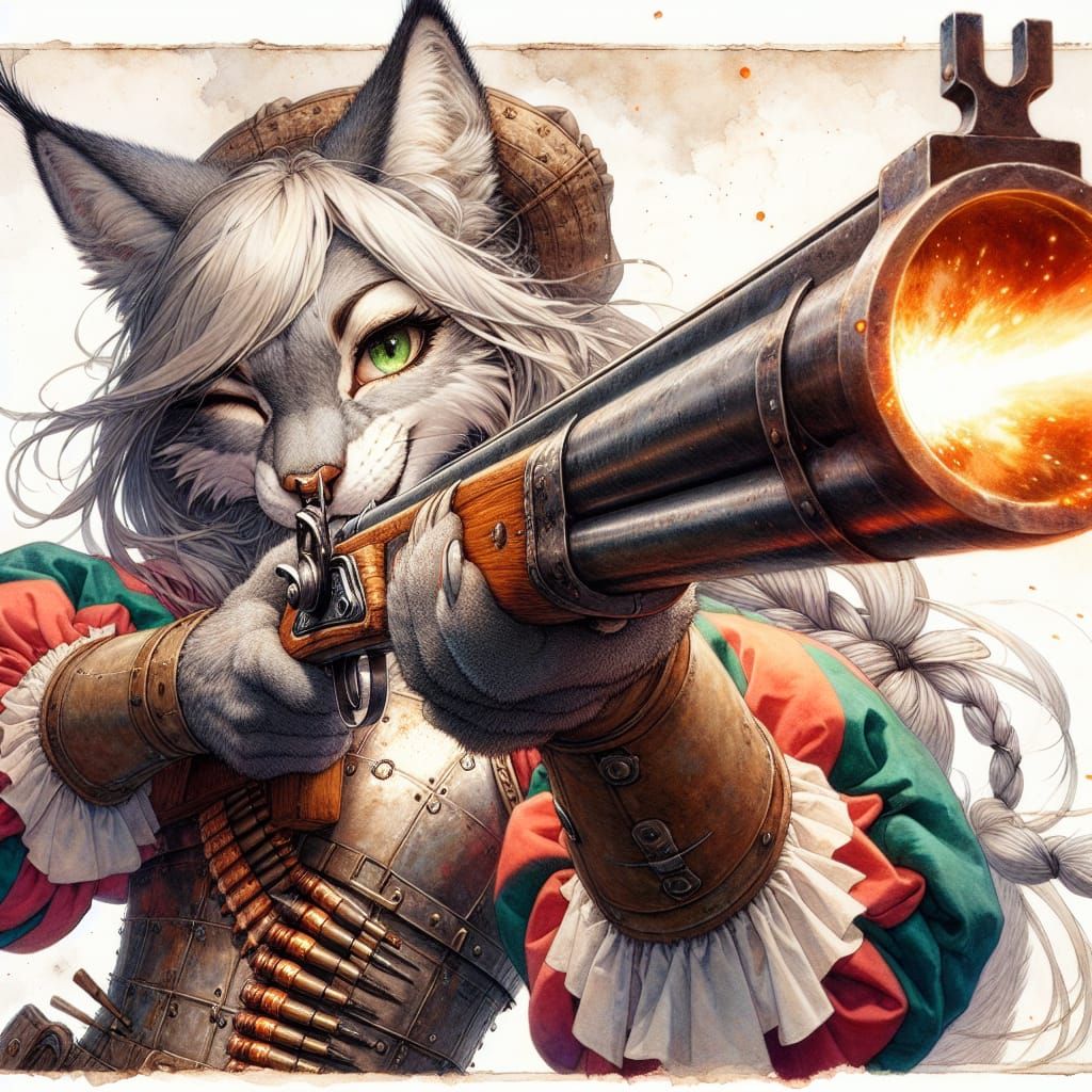 Surreal Anime Lynx Fires Flintlock Musket