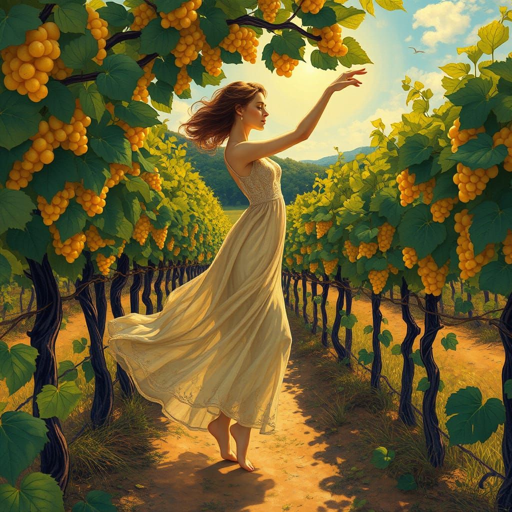 Ethereal Vineyard Dance in Vibrant Colors