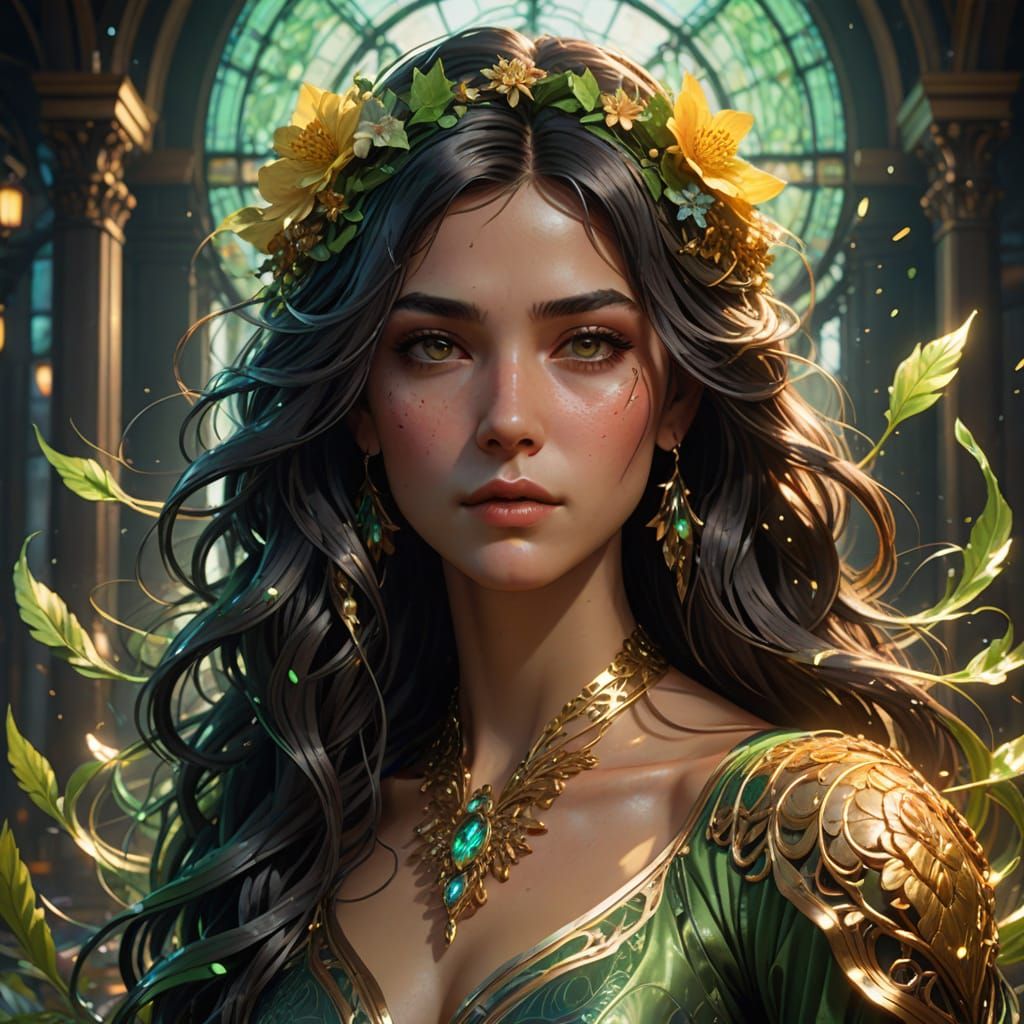 Ethereal Portrait with Green and Gold Hues