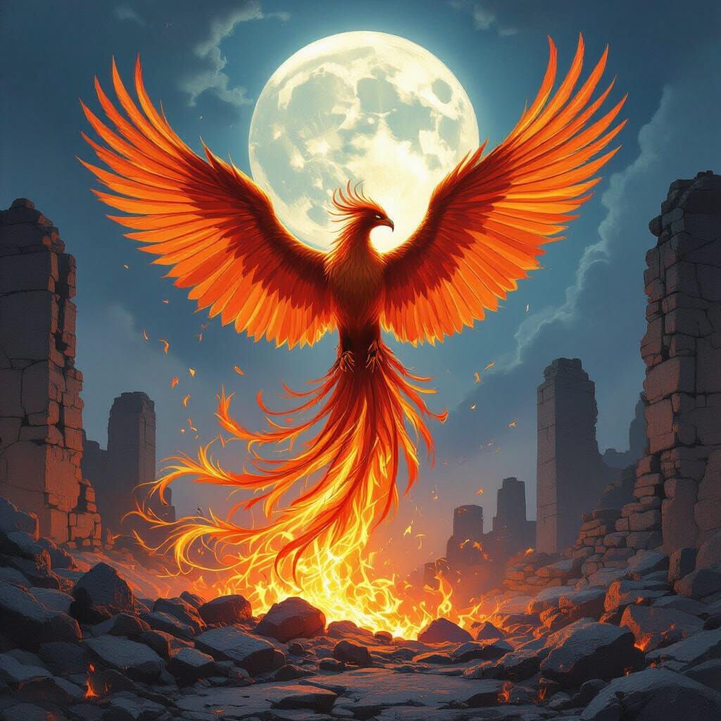 Phoenix Rising: Sunset Feathers in Moonlight Ruins