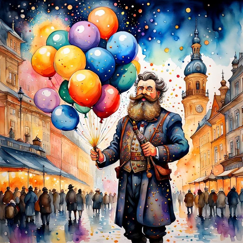 Cyberpunk Dwarf's Balloon Flamethrower: Watercolor Art