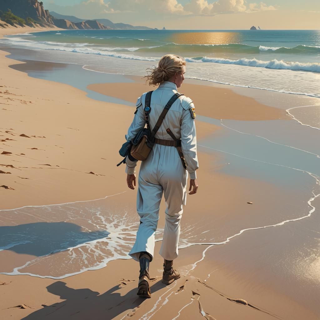 Woman in White Atreides Suit on Beach