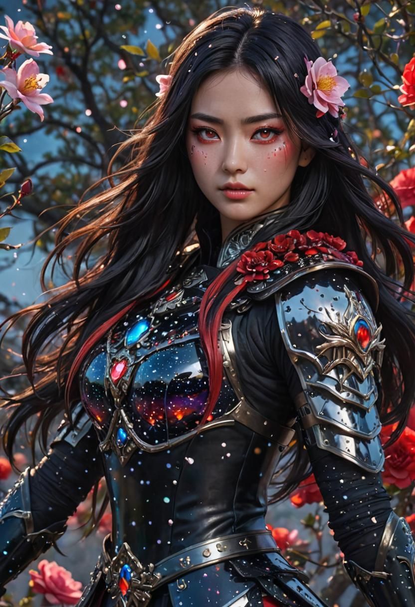 Warrior Girl with Mount Fuji in Anime Style