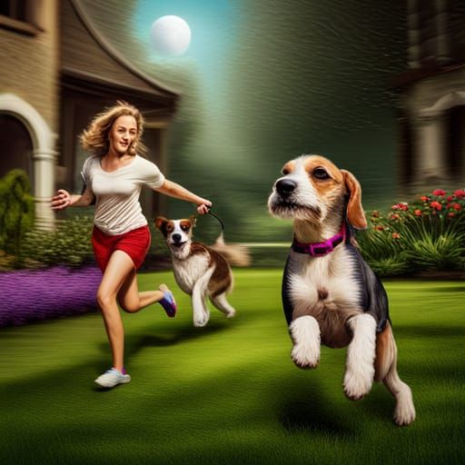 Woman with Schnauzer and Beagle Playing Ball