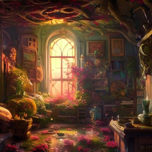 Cozy Cottage Kitchen with Fireplace and Flowers