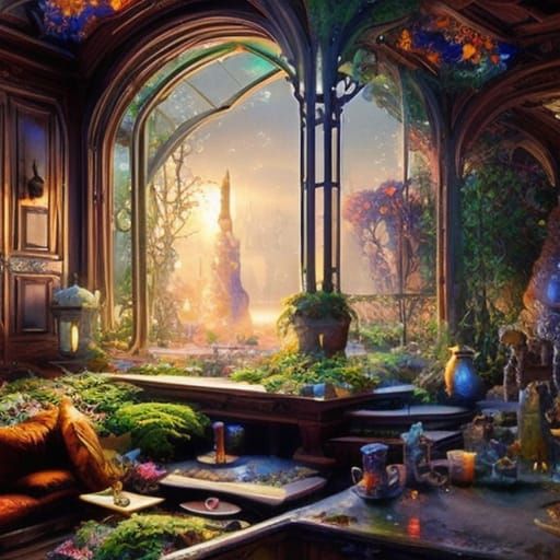 Cozy Cottage Kitchen with Fireplace in Detailed Digital Art