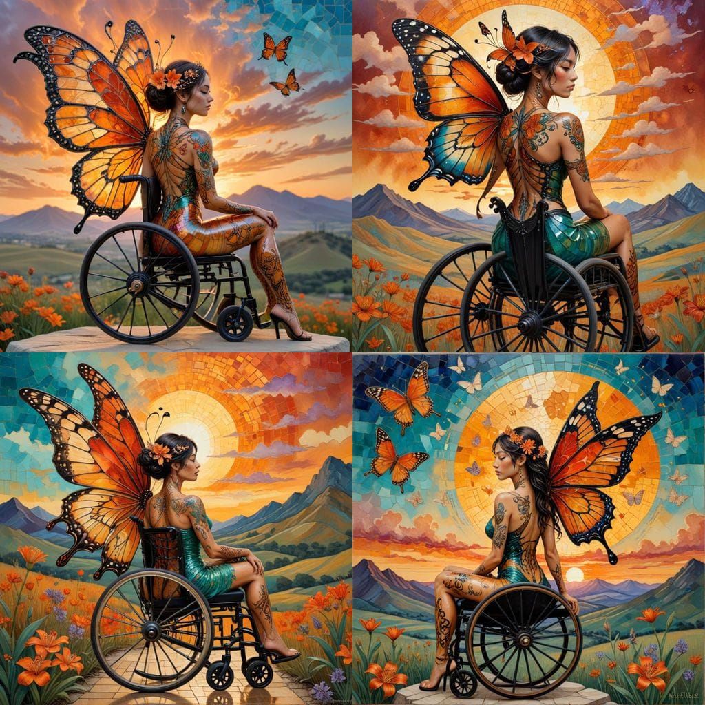 Woman with Butterfly Wings in Ornate Wheelchair, Sunset Sky,...