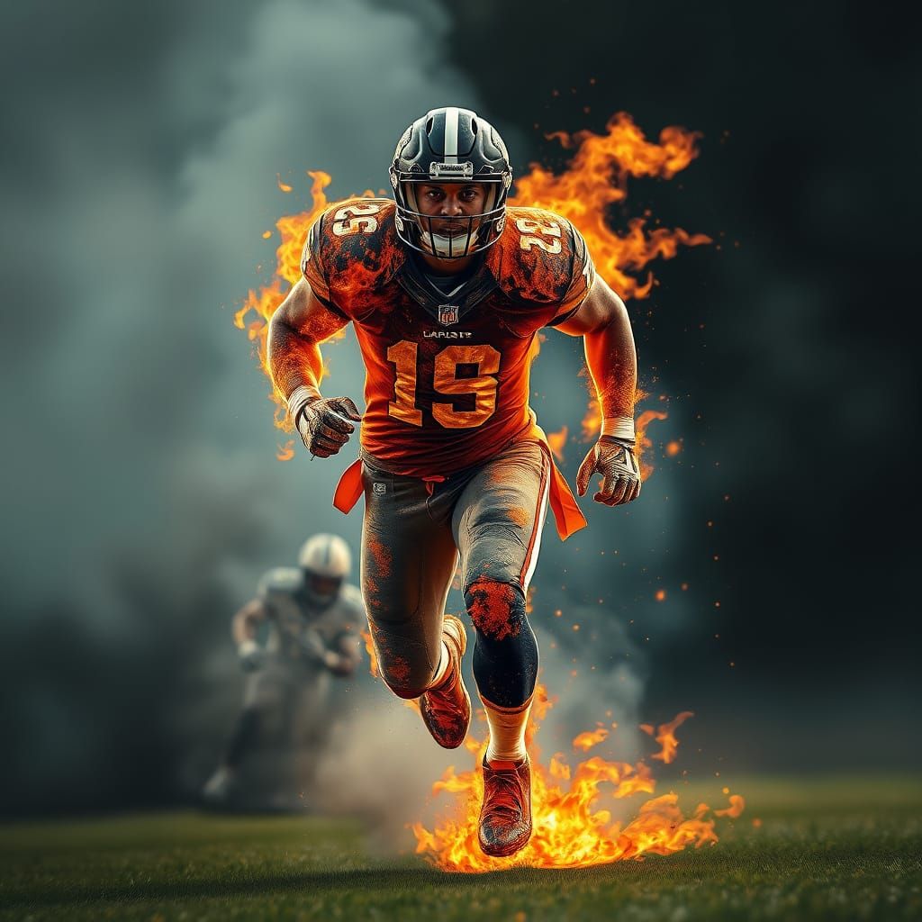 Football Player Engulfed in Flames Rages Towards the Viewer