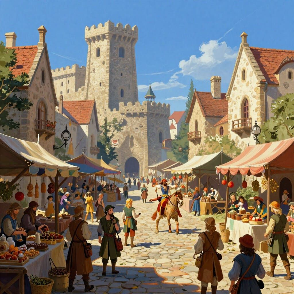 Medieval Marketplace Illustration in High-Fantasy Style