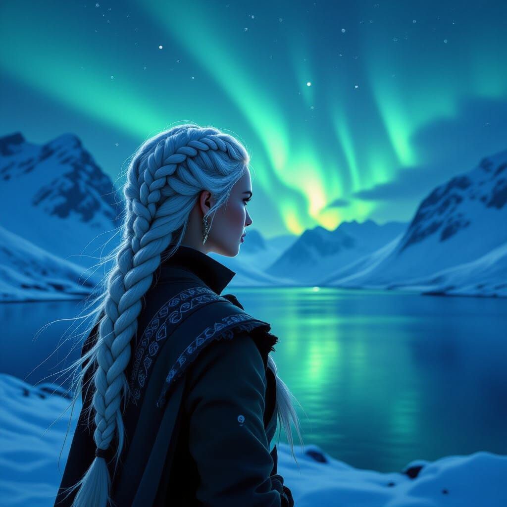 Nordic Woman Under Northern Lights Over Fjord