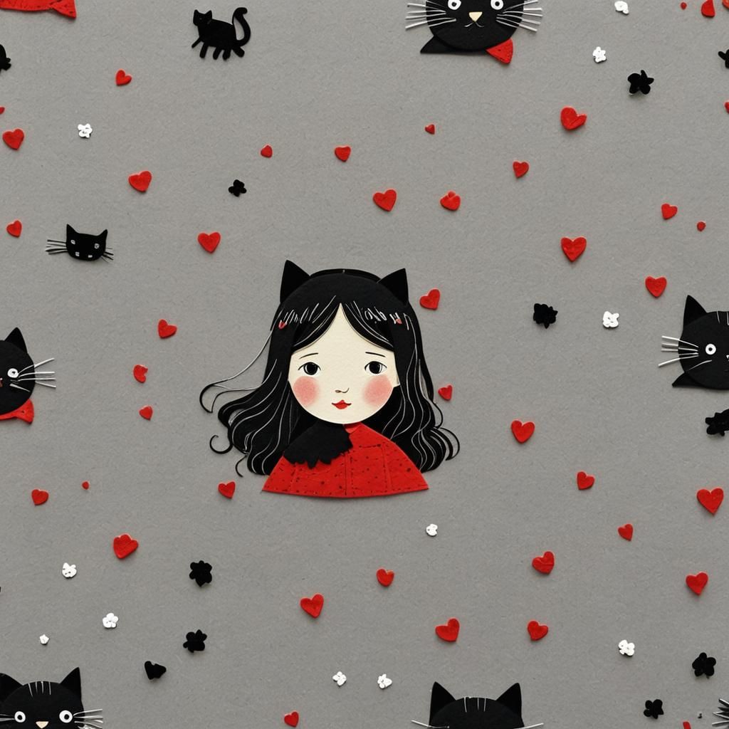 Felt Girl with Kitten in Naive Folk Art Style