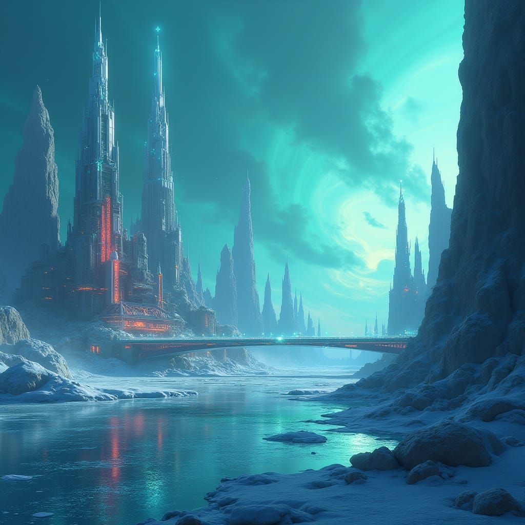 Europa Cityscape with Bioluminescent Crystals