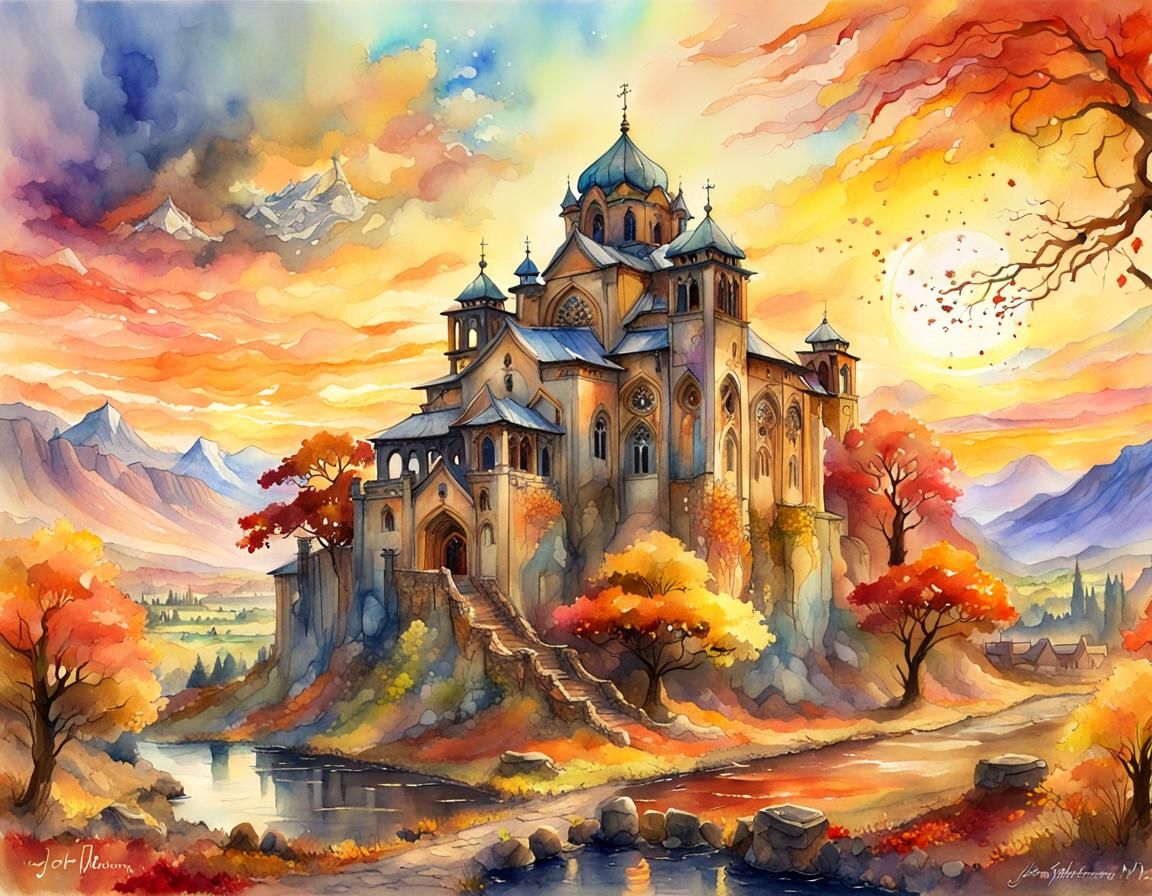 Fantasycore Autumn Monastery Sunset Watercolour Painting