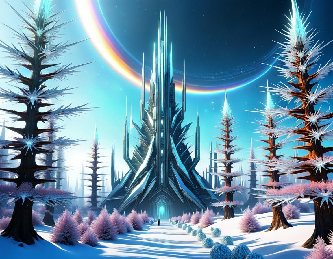 Snowy Alien Planet with Crystal Arcology: Sci-Fi Fractal Art