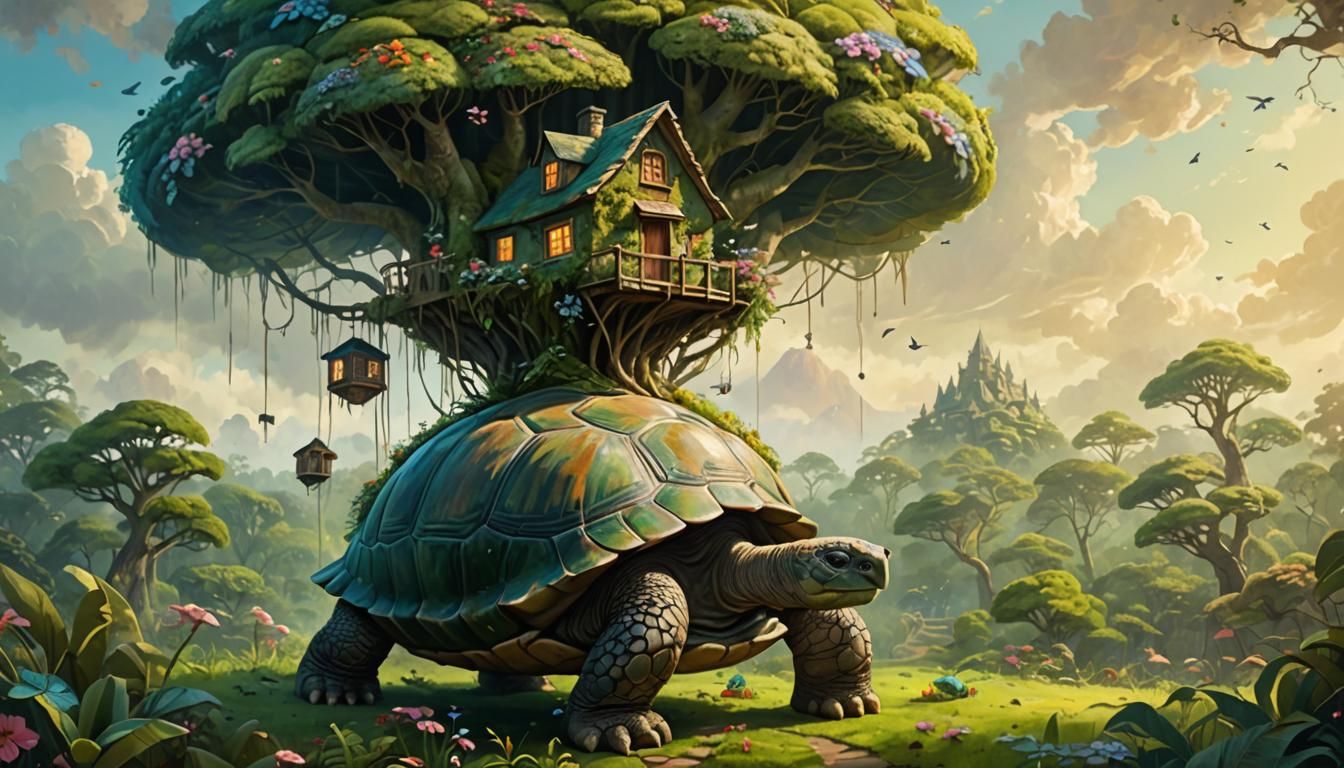 Giant Tortoise Treehouse in Dreamy Oil Painting Style
