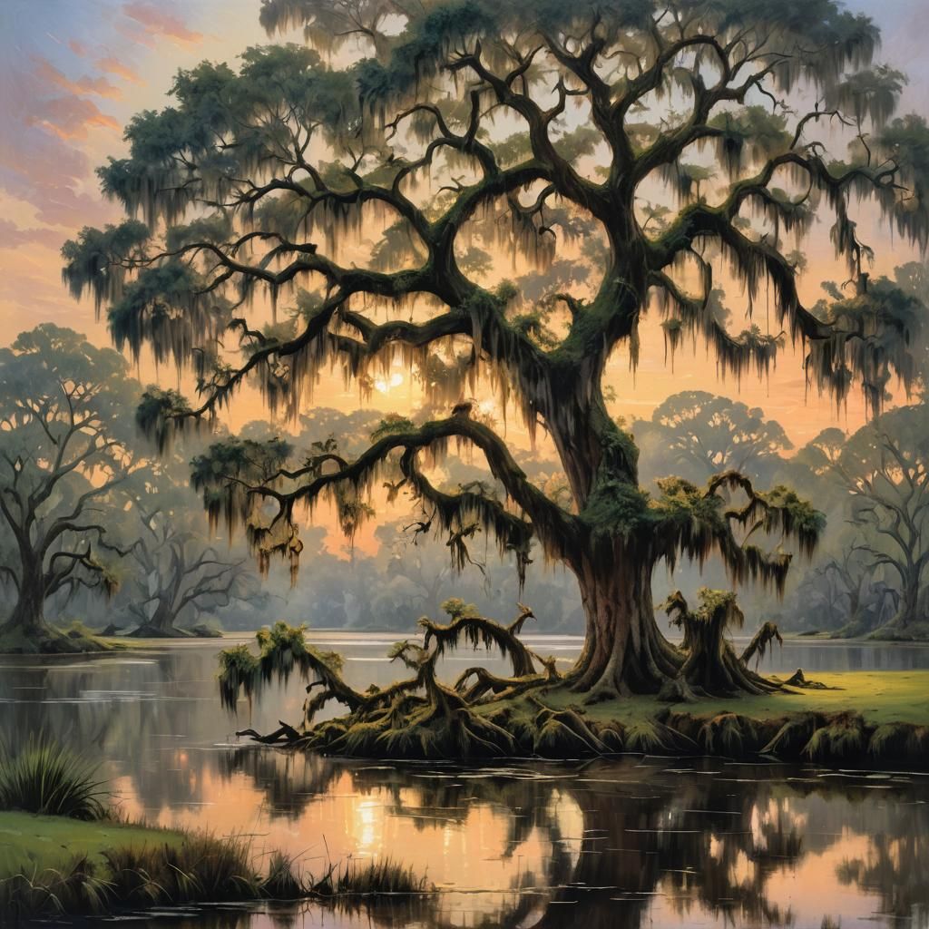 Live Oak at Sunset: Romantic Realism Oil Painting