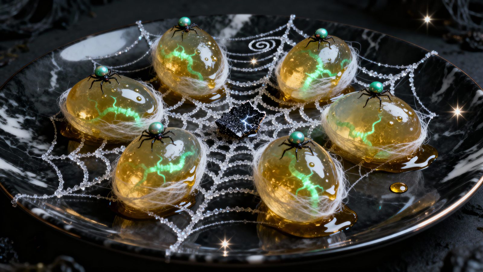 Gothic Fantasy Culinary Eggs with Golden Nectar and Toxin