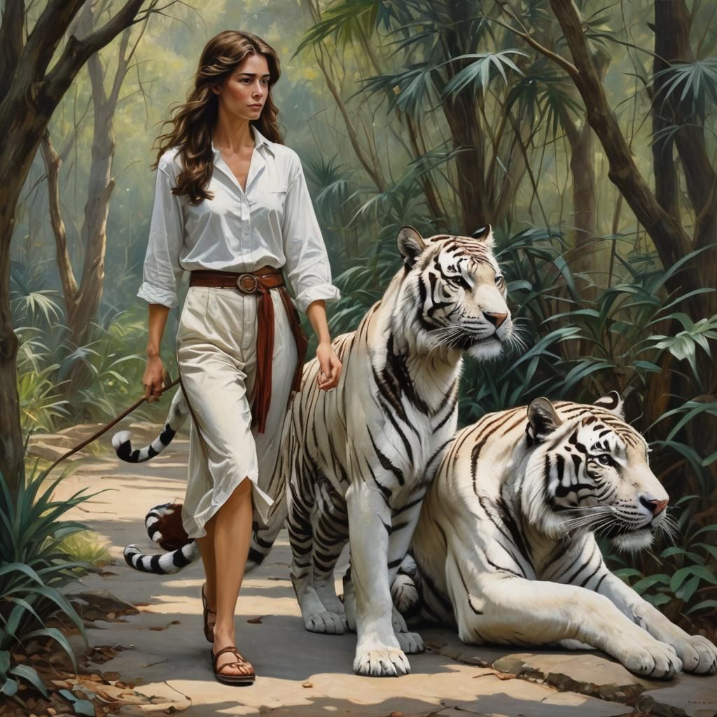 Woman and White Tiger: Oil Painting