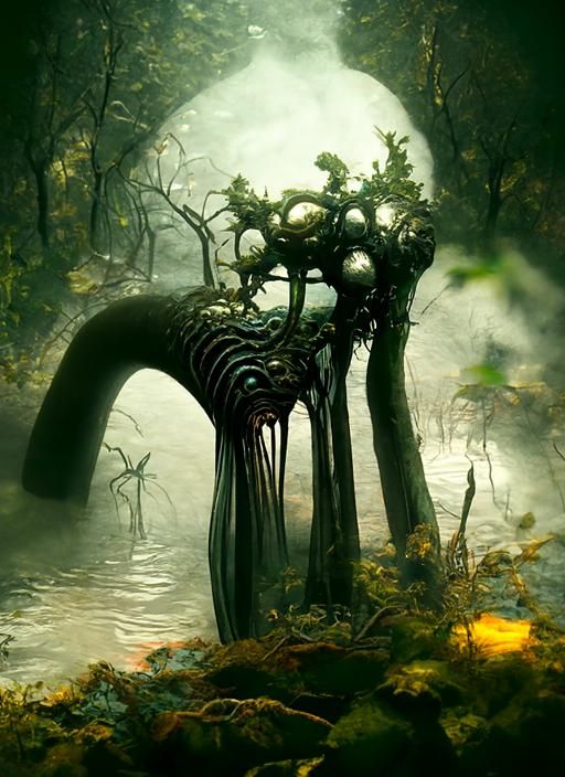 Surreal Hybrid Creatures in a Misty Hollow