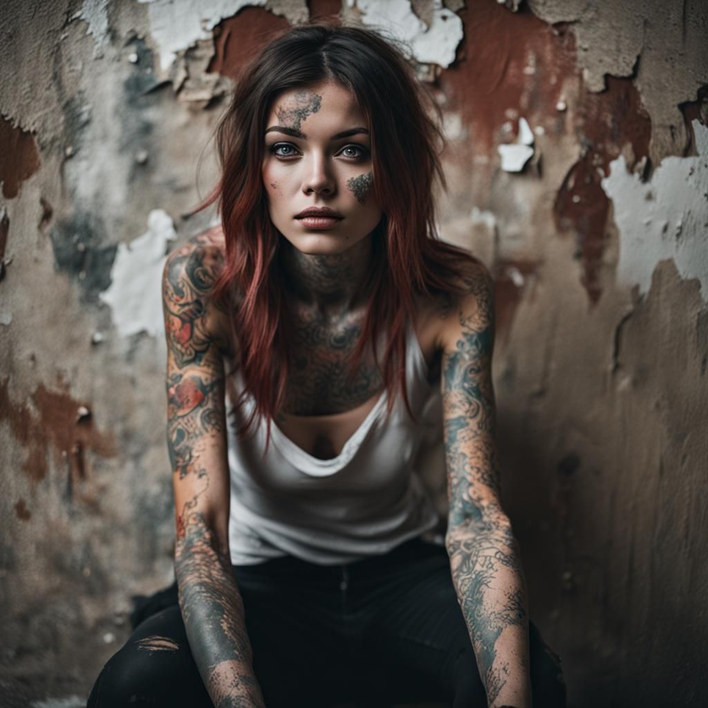 Tattooed Woman Leaning Against Decaying Wall