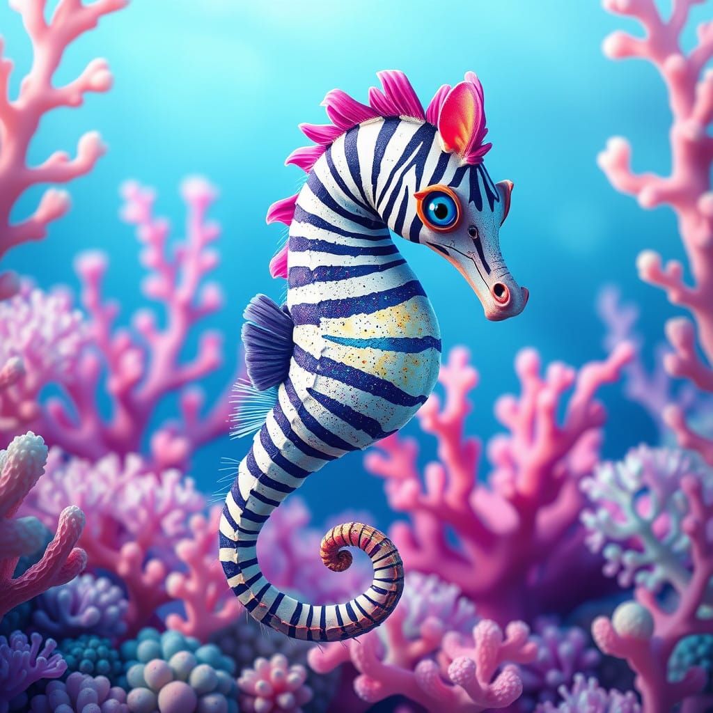 Whimsical Zebra Seahorse in Vibrant Oceanic Dreamscape