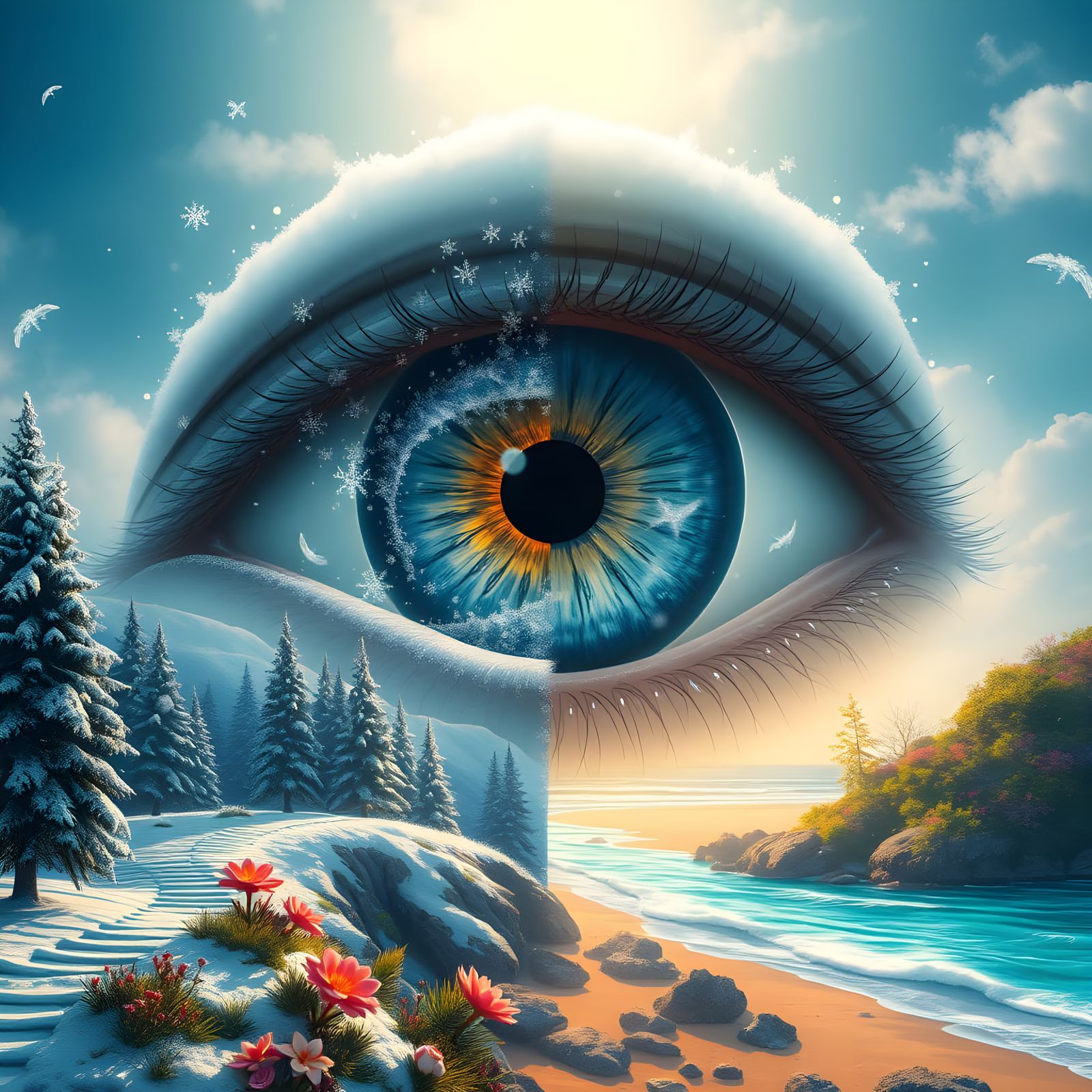 Bisected Eye Bridges Tranquil Winter and Vibrant Spring Real...