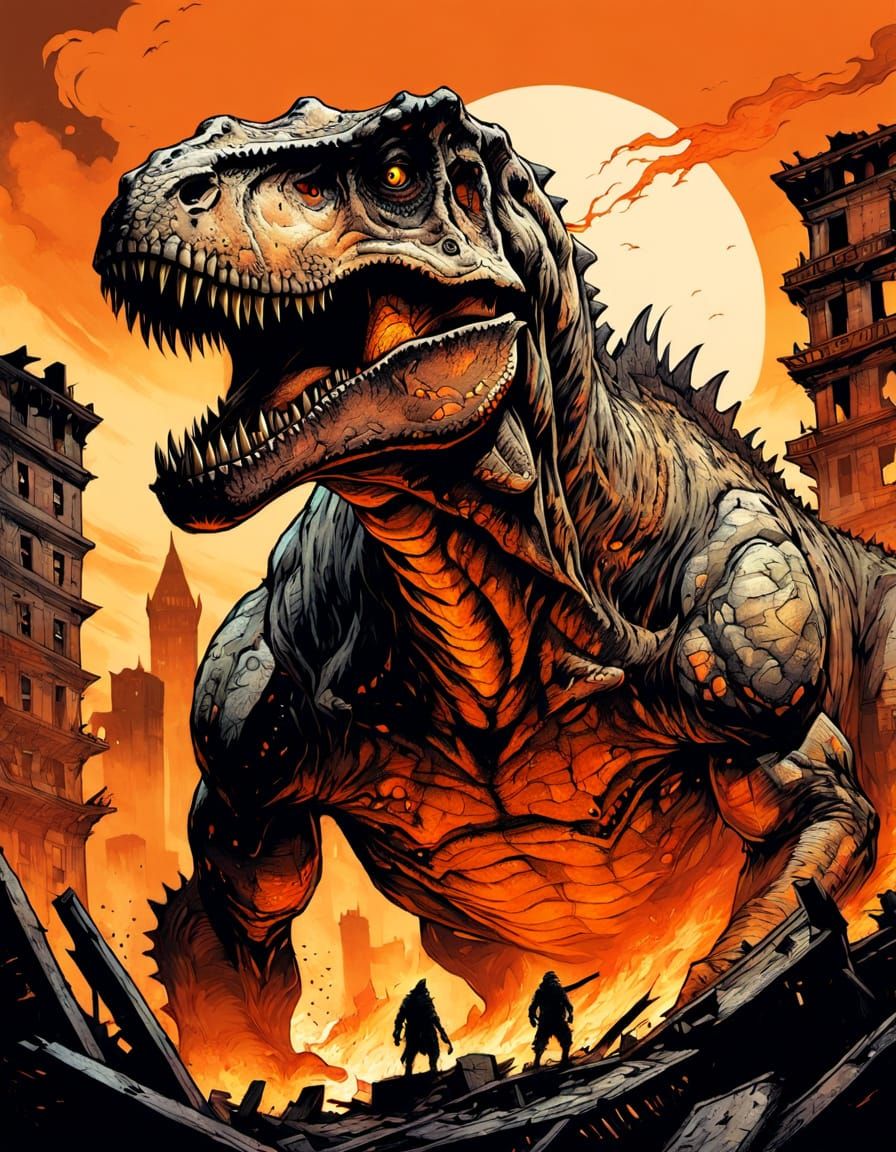 Tyrannosaurus Rex in Burning Cityscape: Ink Fantasy
