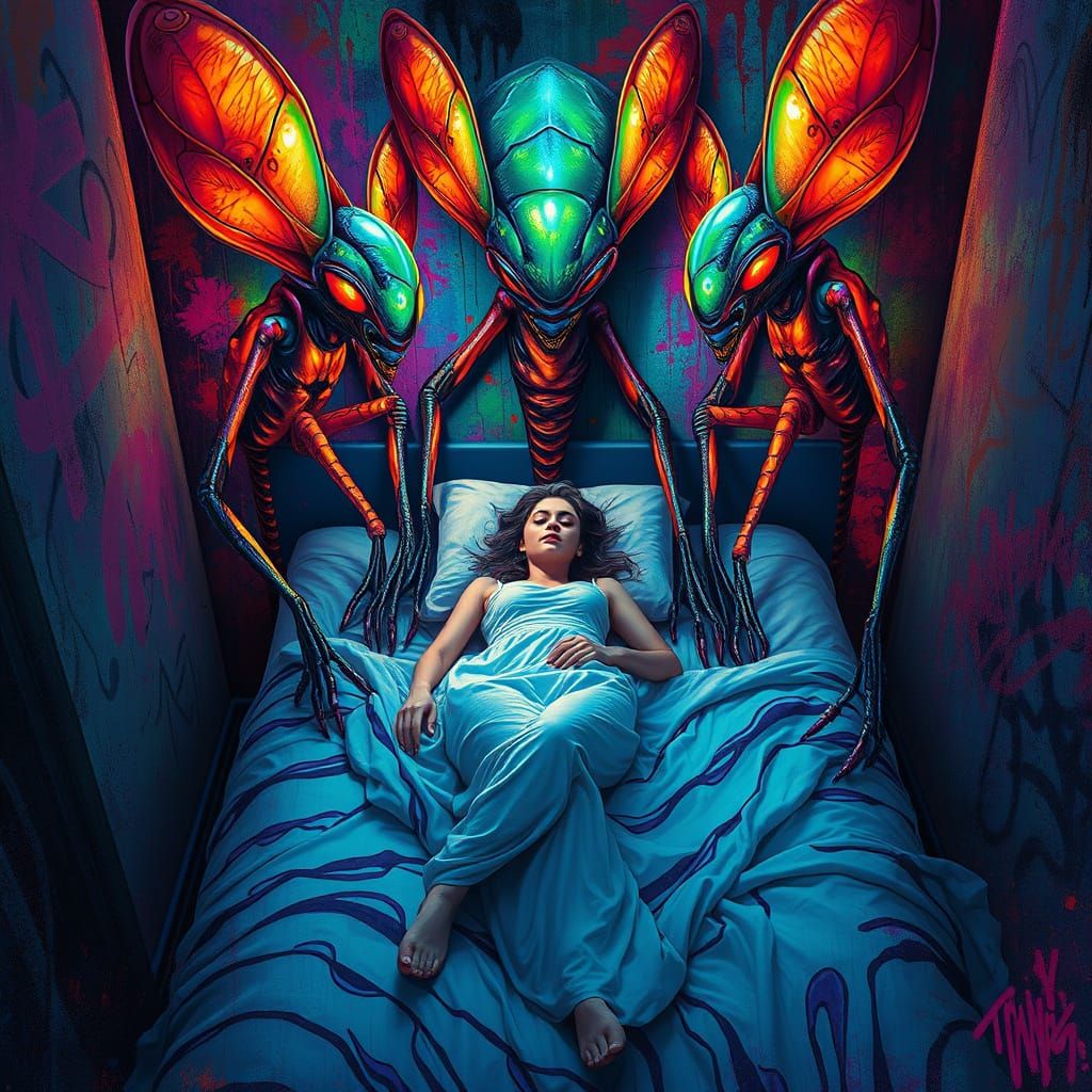 Surreal Alien Beings Surround a Woman in a Vibrant, Graffiti...