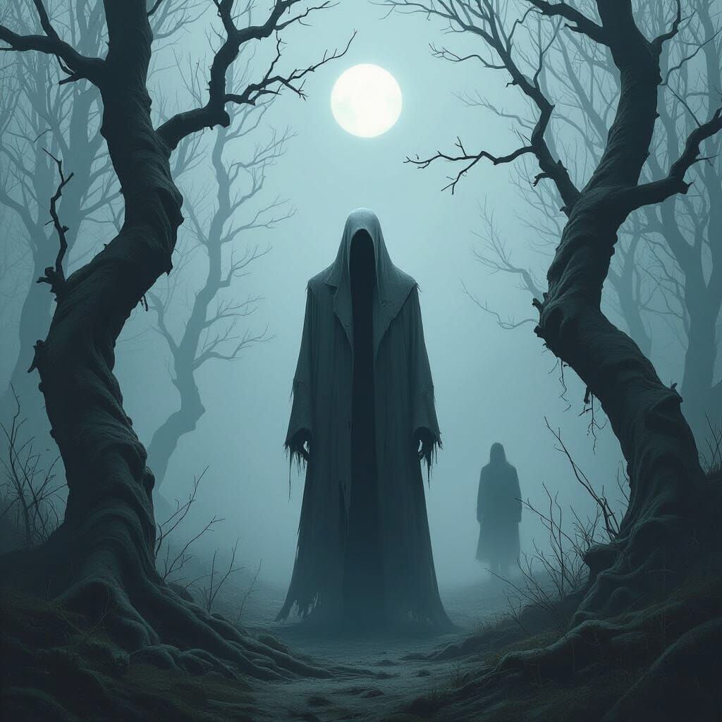 Eerie Pale Figure in Foggy Forest, Eerie Digital Art