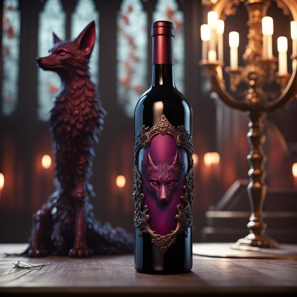 Gothic Kitsune Wine Bottle: Detailed Matte Painting
