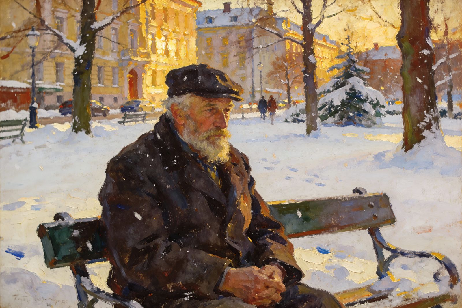 Thoughtful Old Man on Snowy Park Bench in Winter