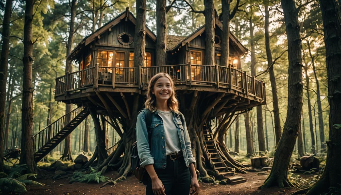 Smiling Girl and her Forest Treehouse