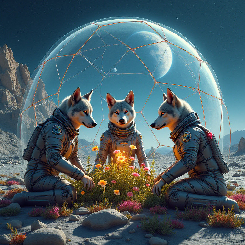 Wolves in Spacesuits Tend Lunar Flowers
