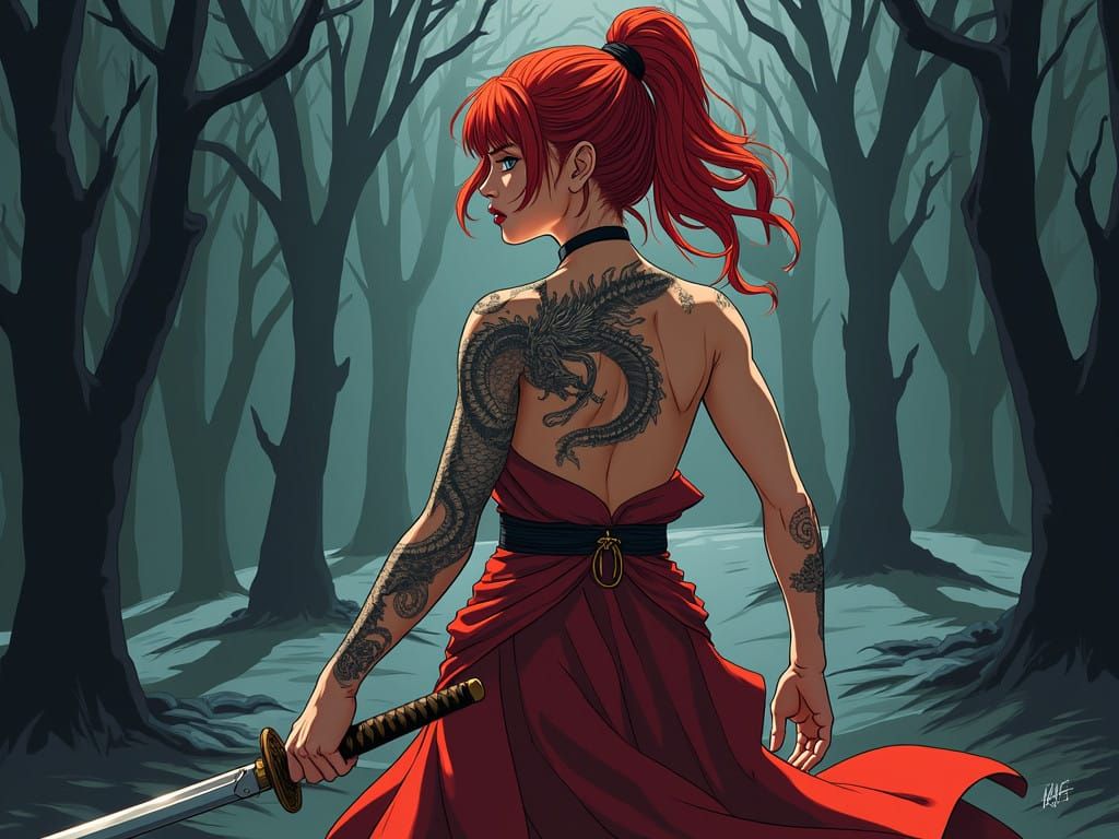 Elegant Red-Haired Warrior in Dramatic Anime Style