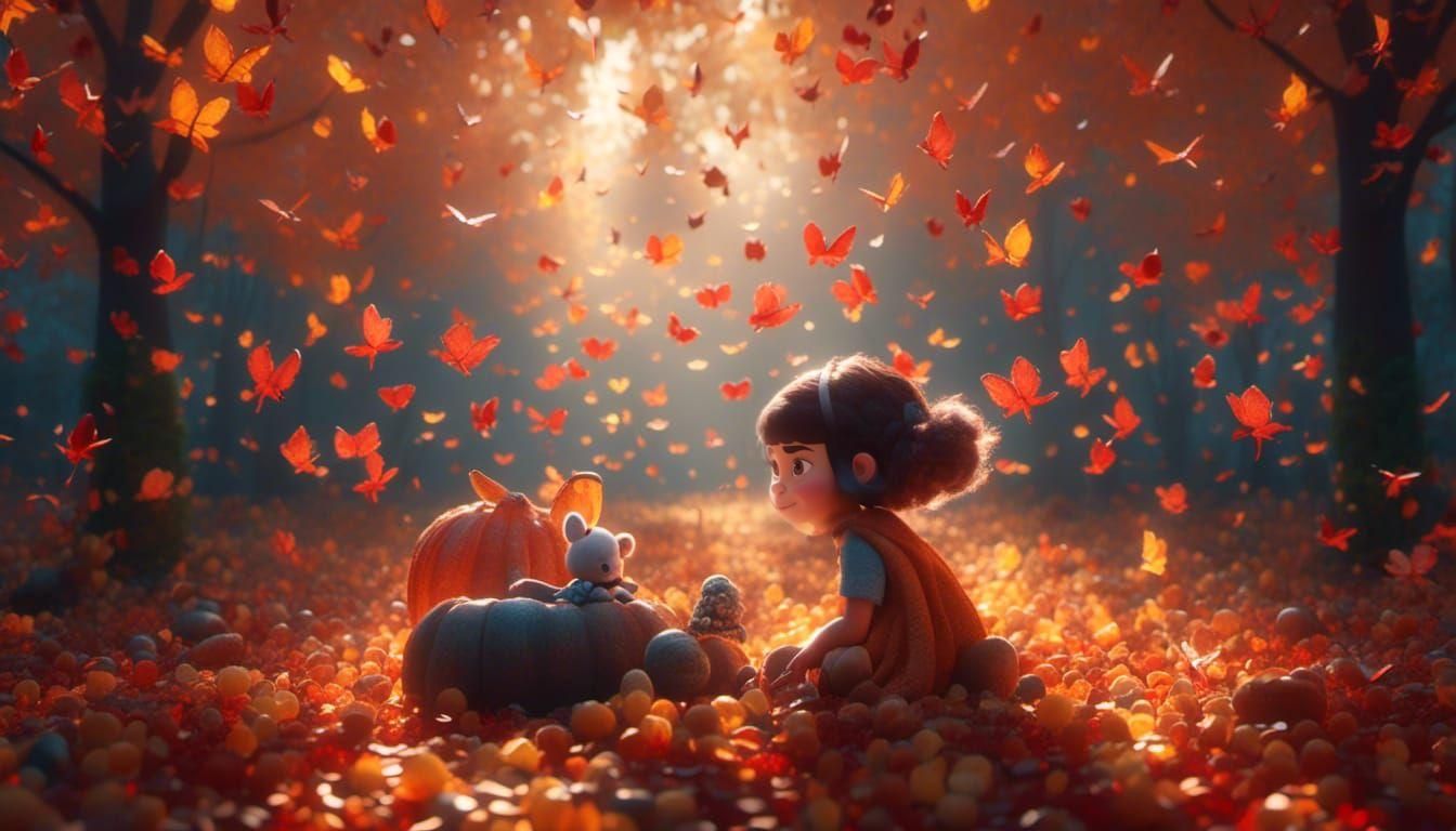 Cute Autumn Girl in 3D Digital Art Style