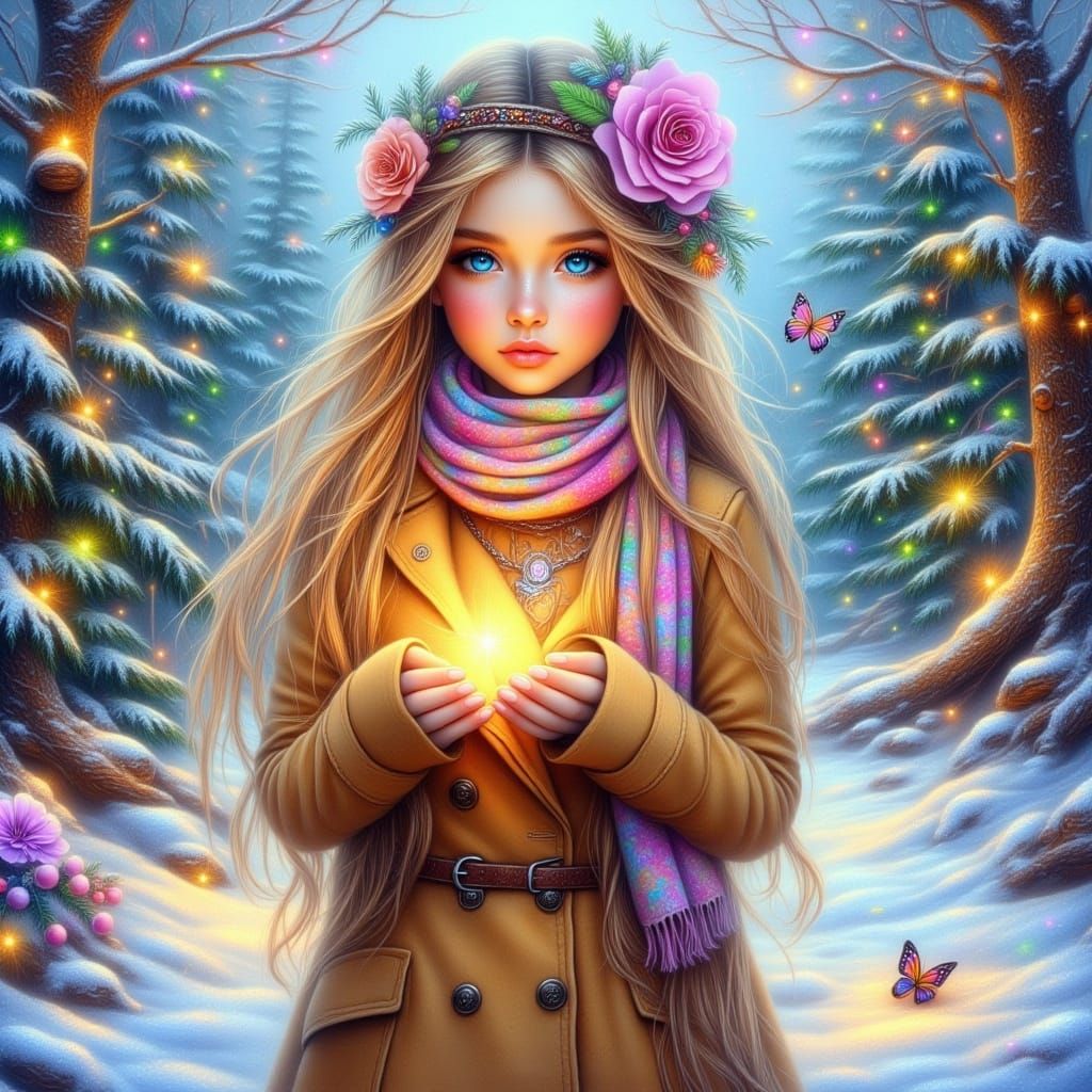 Whimsical Winter Girl in Fairytale Forest with Glowing Light...